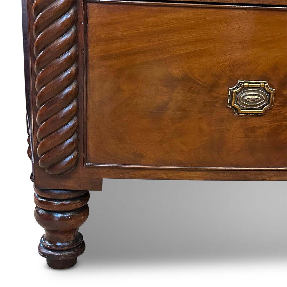 Regency mahogany 5 drawer bow fronted chest with half barley twist columns c.1835
