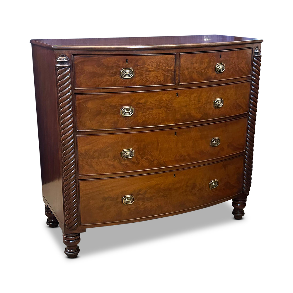 Regency mahogany 5 drawer bow fronted chest with half barley twist columns c.1835
