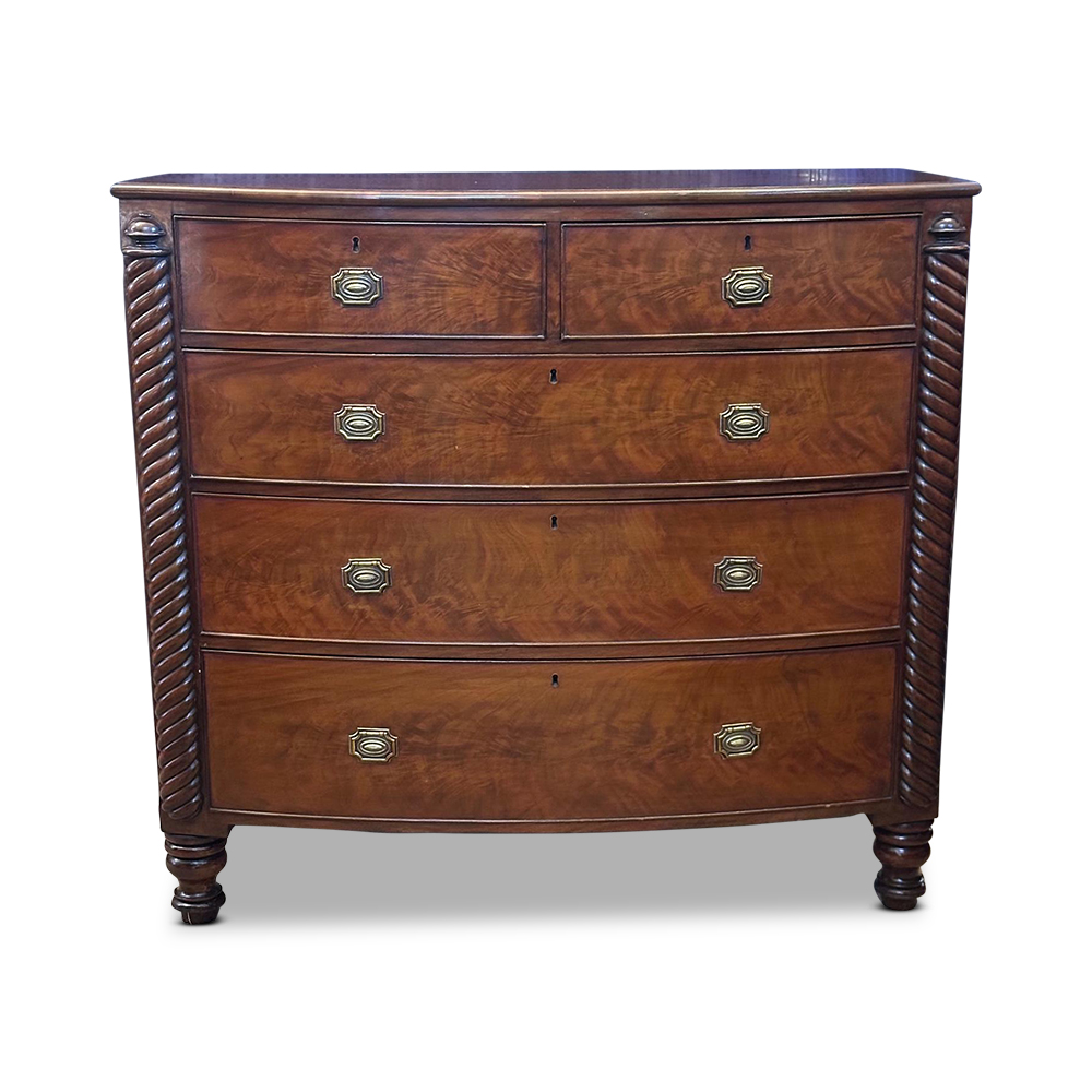 Regency mahogany 5 drawer bow fronted chest with half barley twist columns c.1835