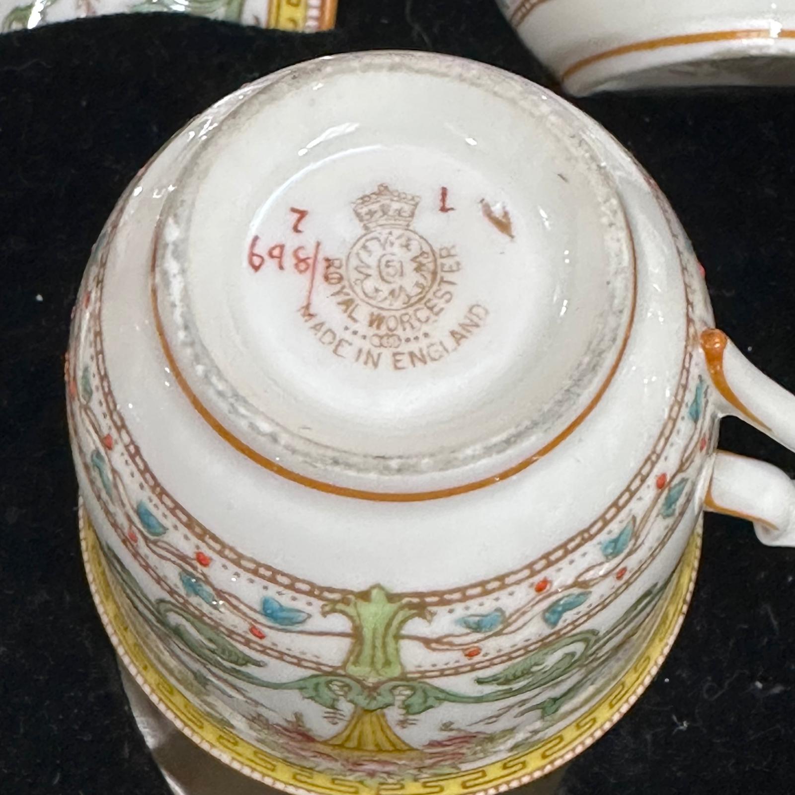 Boxed Royal Worcester set 6 coffee cups and saucers with sterling silver spoons c.1937