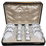 Boxed set 6 Coalport demitasse cups and saucers with sterling silver holders by Joseph Rodgers Sheffield c.1907