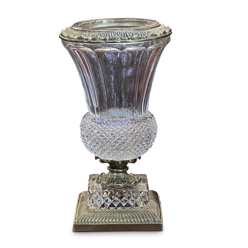 Edwardian cut crystal trumpet vase with ornate gilt bronze mounts