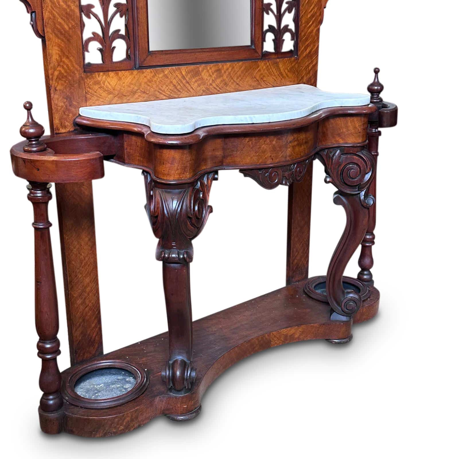 English mahogany arch top hall stand with fretwork and serpentine marble top c.1860