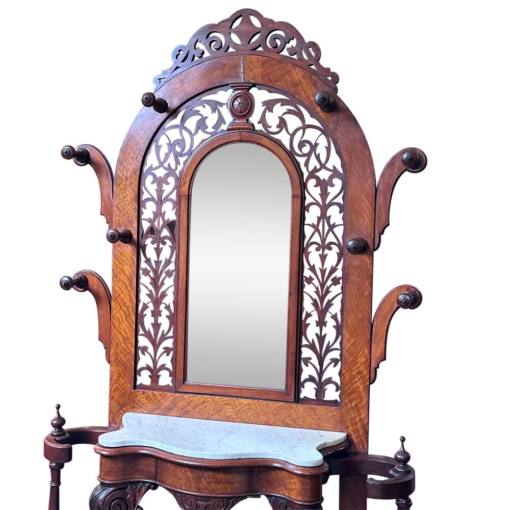 English mahogany arch top hall stand with fretwork and serpentine marble top c.1860