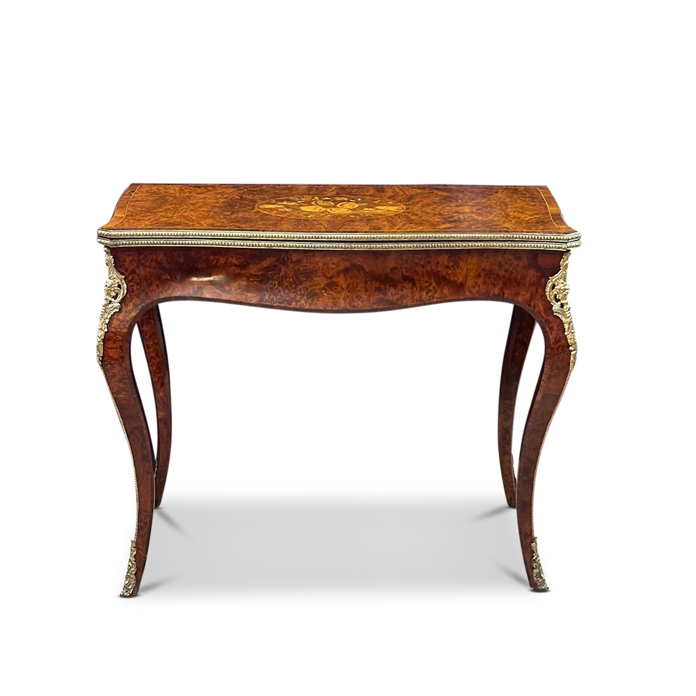 French Louis XV style walnut inlaid card table with ormolu mounts c.1870
