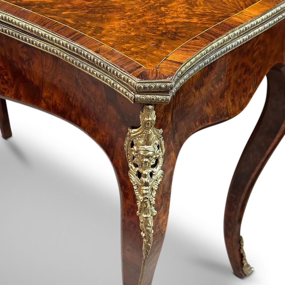 French Louis XV style walnut inlaid card table with ormolu mounts c.1870