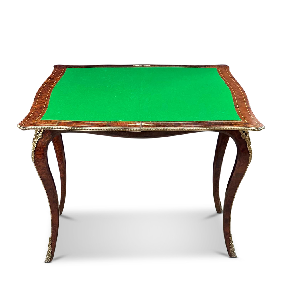 French Louis XV style walnut inlaid card table with ormolu mounts c.1870