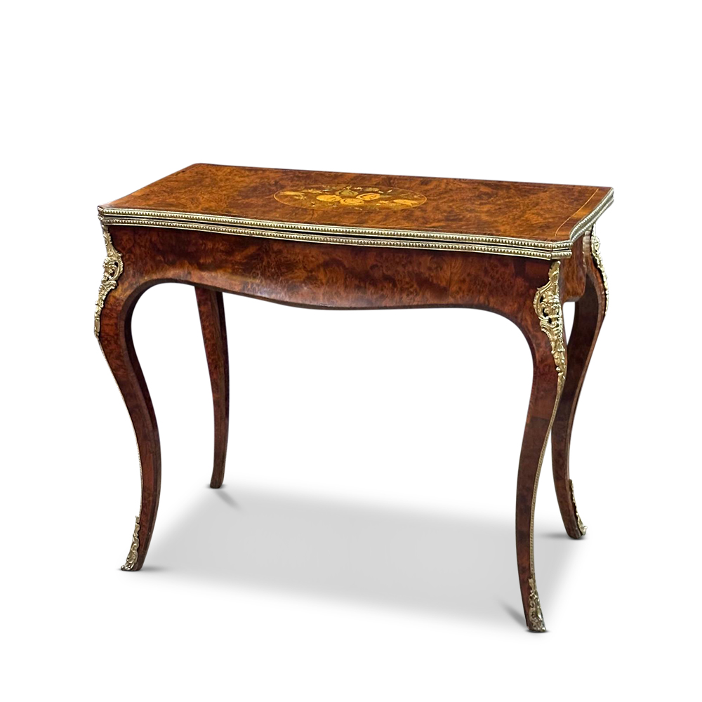 French Louis XV style walnut inlaid card table with ormolu mounts c.1870