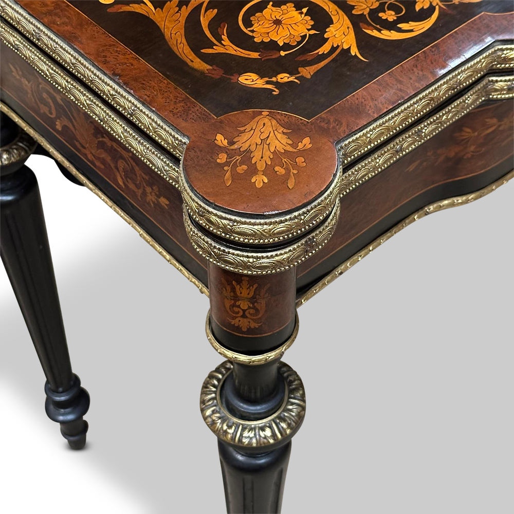 French Louis XVI style ebonised marquetry card table with ormolu mounts c.1870