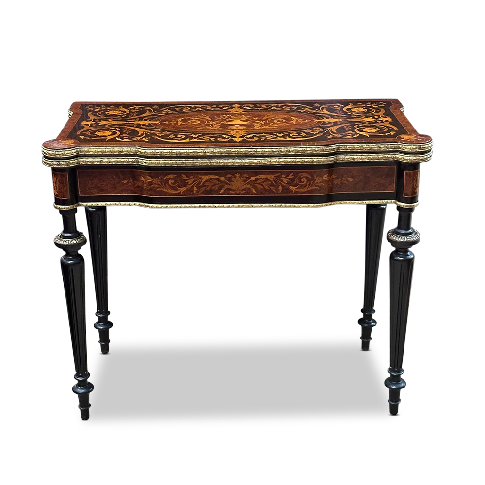 French Louis XVI style ebonised marquetry card table with ormolu mounts c.1870