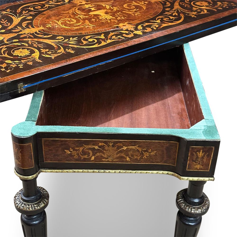 French Louis XVI style ebonised marquetry card table with ormolu mounts c.1870