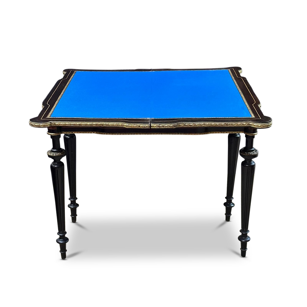 French Louis XVI style ebonised marquetry card table with ormolu mounts c.1870
