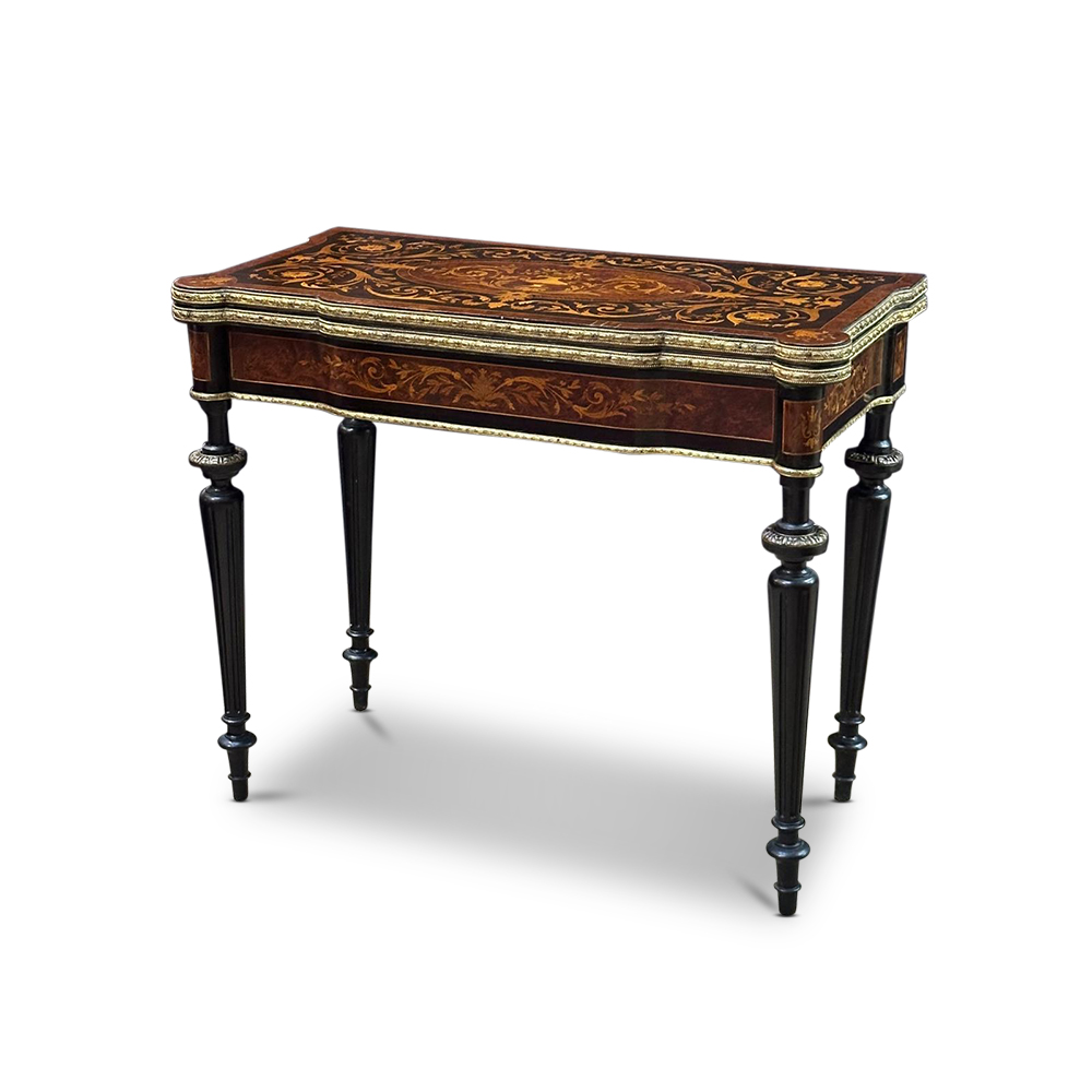 French Louis XVI style ebonised marquetry card table with ormolu mounts c.1870