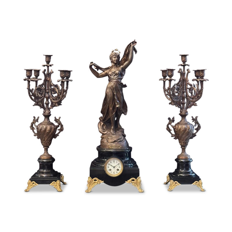 French spelter and marble clock garniture set Nebuleuse by Bruchon c.1890
