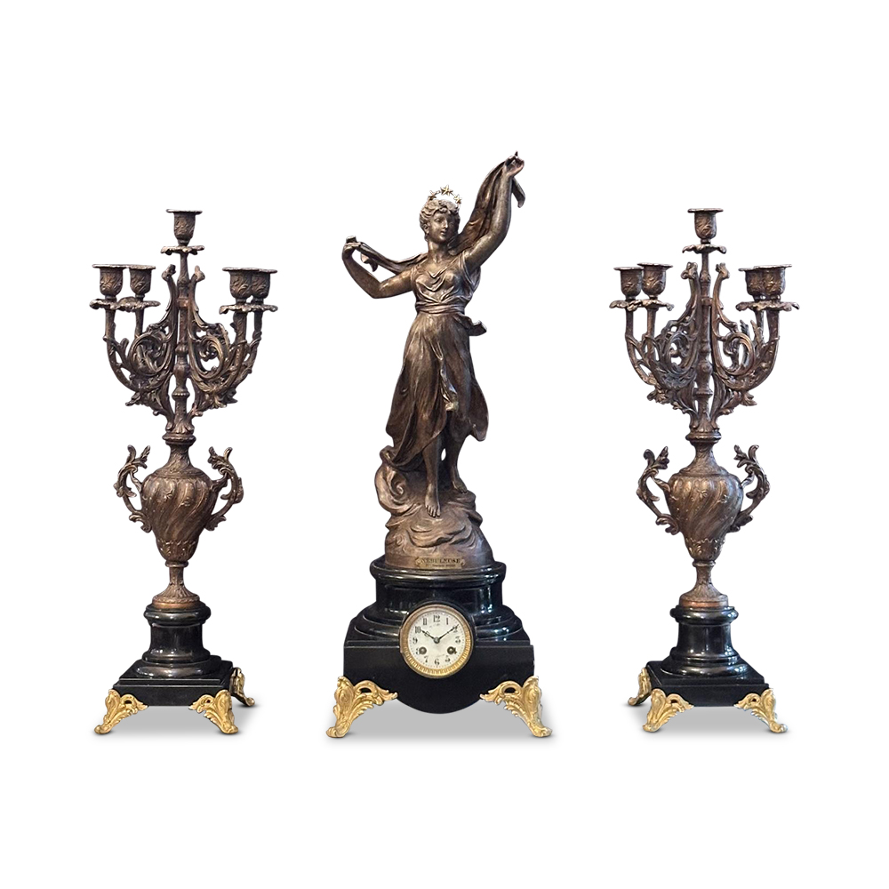 French spelter and marble clock garniture set Nebuleuse by Bruchon c.1890