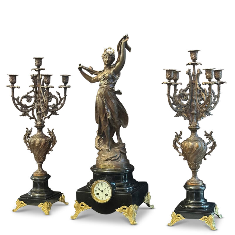 French spelter and marble clock garniture set Nebuleuse by Bruchon c.1890