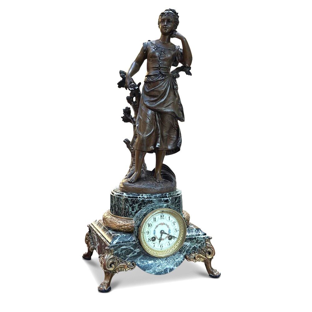 French spelter and marble mantle clock signed Emile Bruchon c.1880