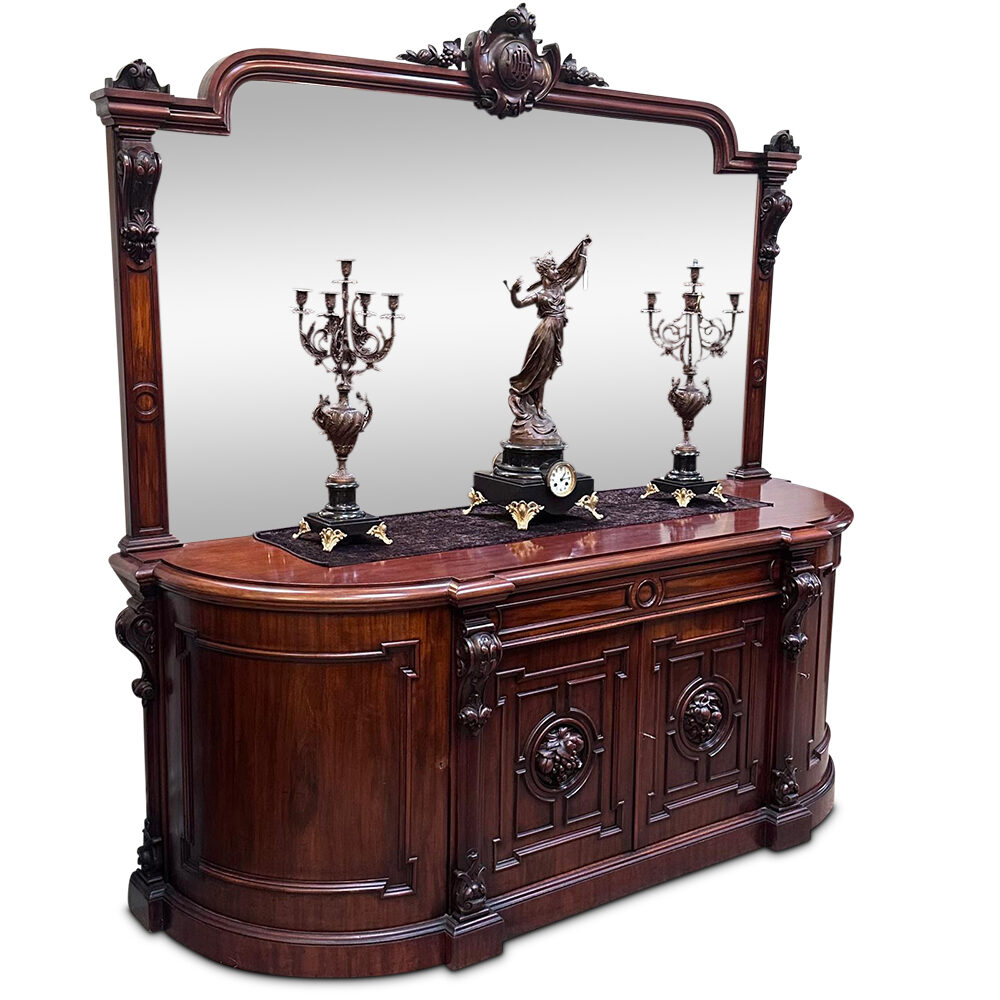 Grand English mahogany 4 door sideboard with ornate carvings and mirrored back c.1860