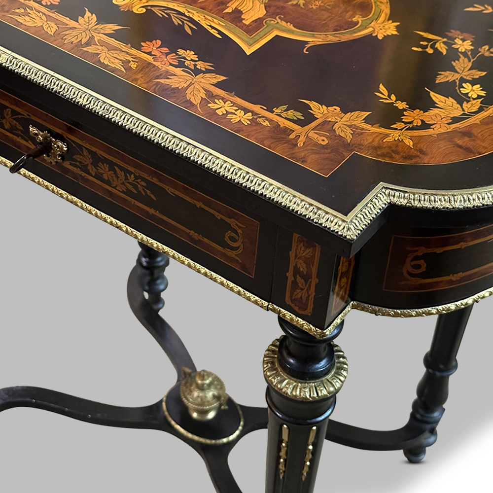 Louis XVI style French ebonised marquetry jewellery table with ormolu mounts c.1890