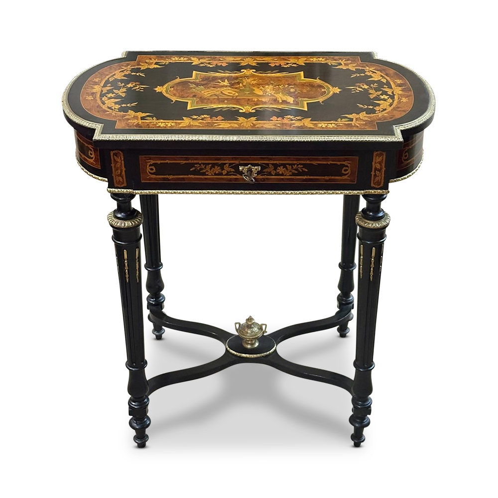 Louis XVI style French ebonised marquetry jewellery table with ormolu mounts c.1890