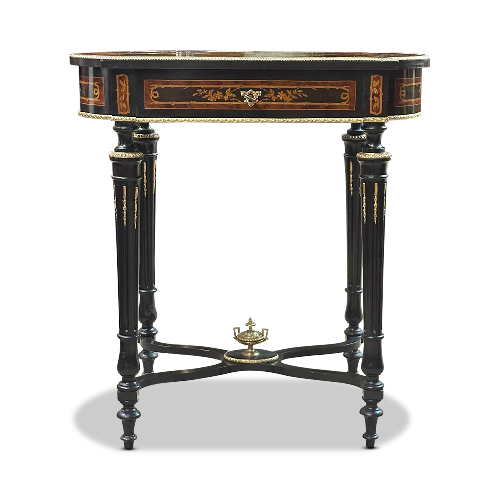 Louis XVI style French ebonised marquetry jewellery table with ormolu mounts c.1890