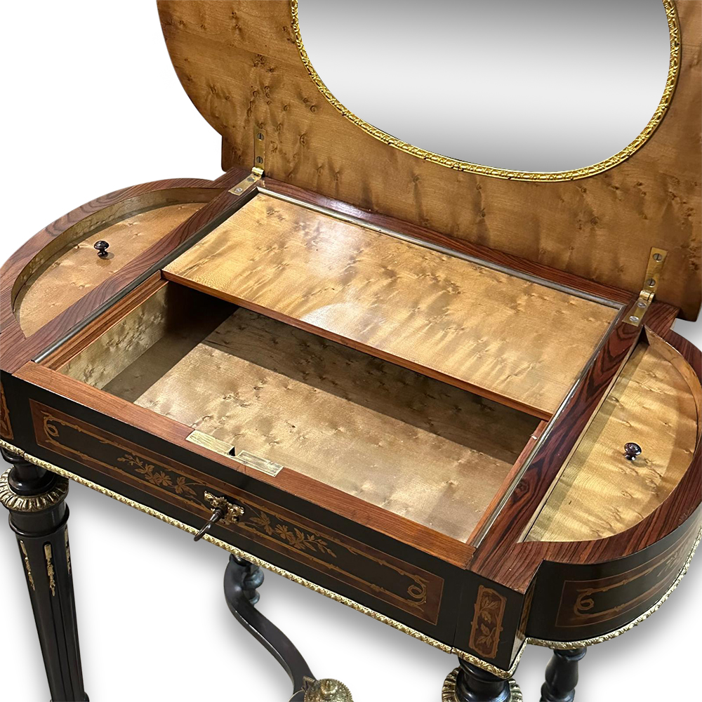Louis XVI style French ebonised marquetry jewellery table with ormolu mounts c.1890
