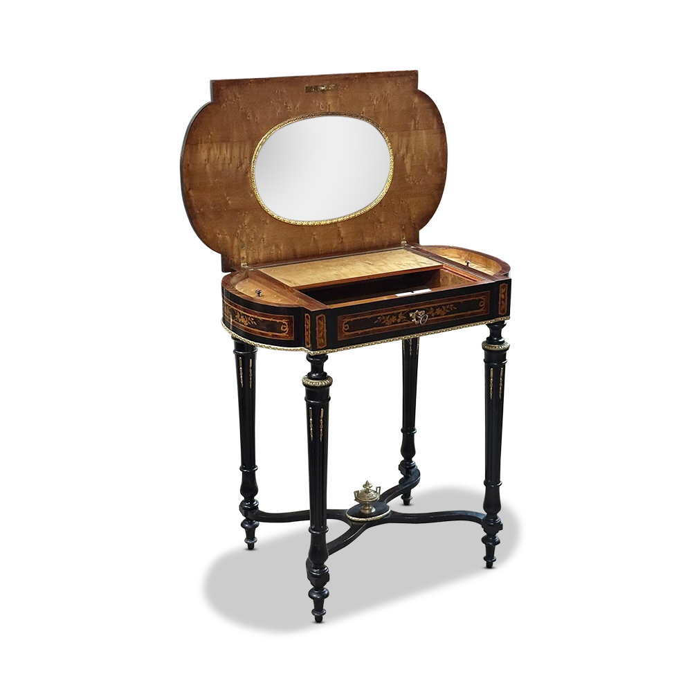 Louis XVI style French ebonised marquetry jewellery table with ormolu mounts c.1890