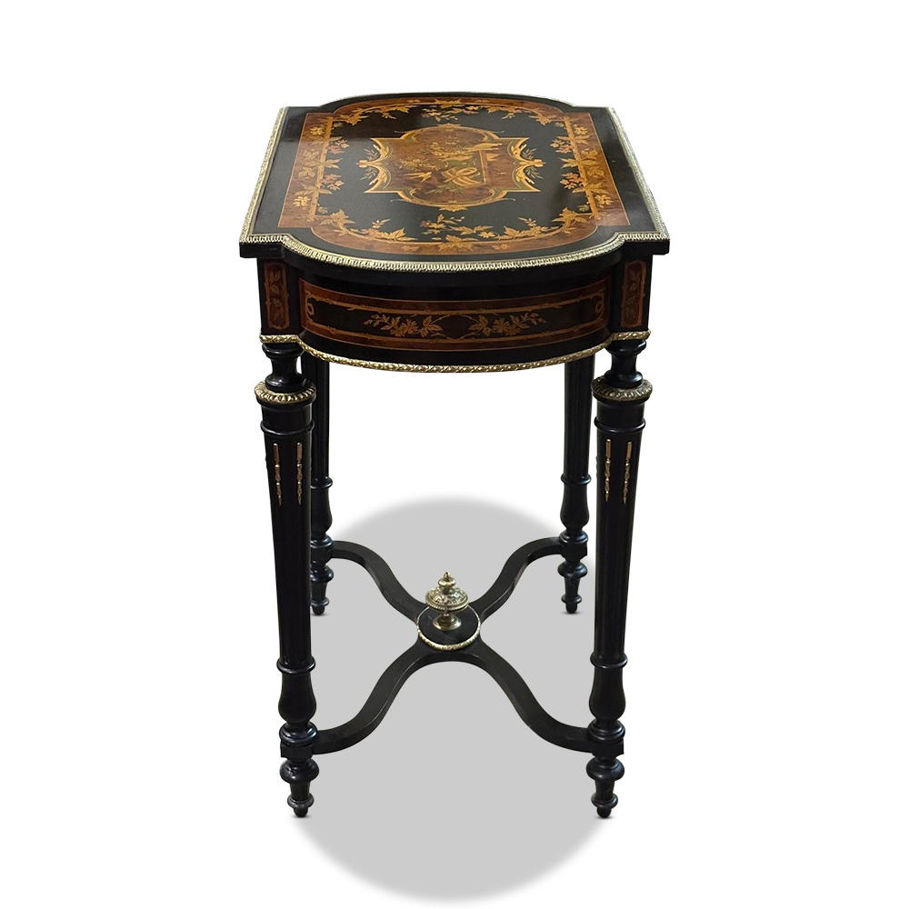 Louis XVI style French ebonised marquetry jewellery table with ormolu mounts c.1890