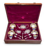 Outstanding English sterling silver tea service by Elkington & co with cobalt and gilt 4 piece coffee set by Copeland c.1897