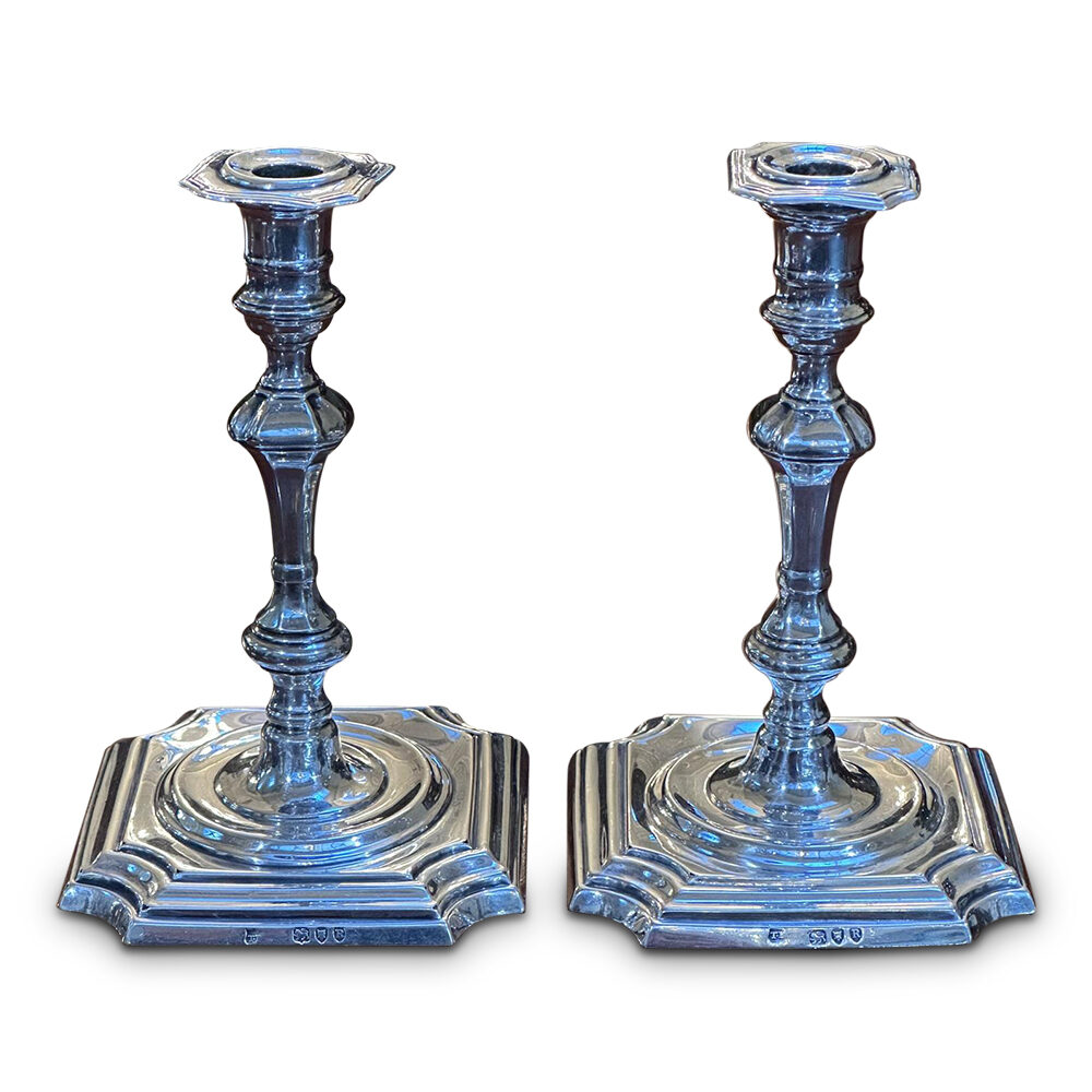 Pair Georgian style sterling silver petite candlesticks London c.1892 hallmark