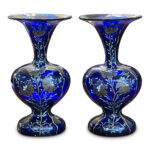 Pr Edwardian glass handpainted cobalt vases c.1920
