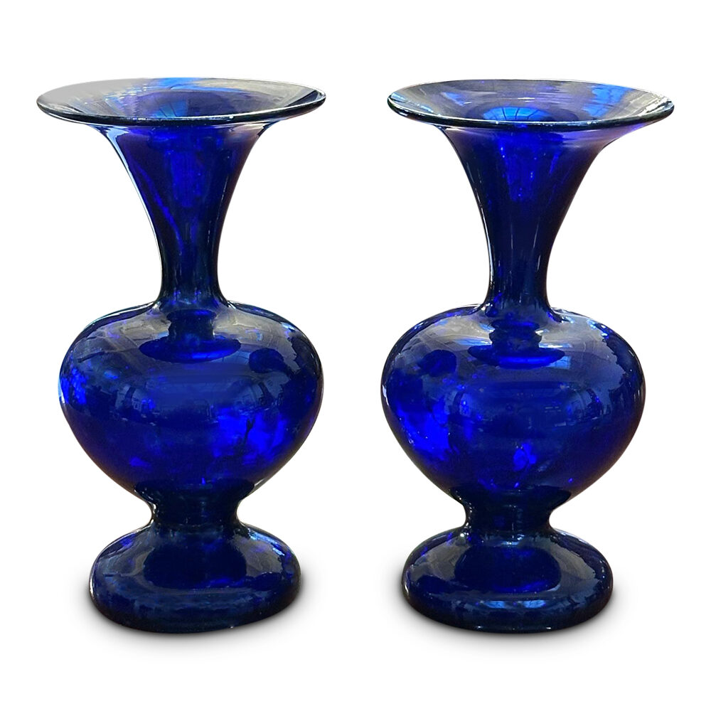 Pr Edwardian glass handpainted cobalt vases c.1920