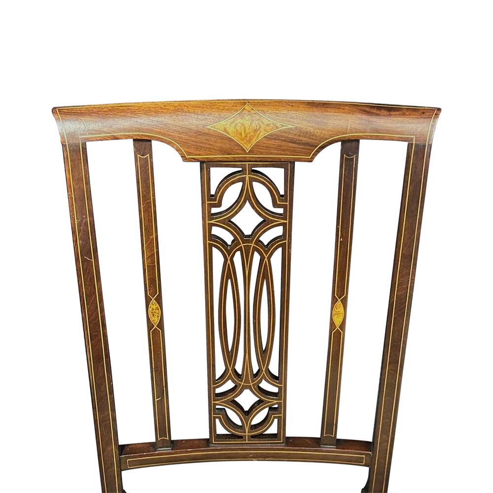 Pr Sheraton style chairs with fine string inlays and beautifully carved backs c.1900