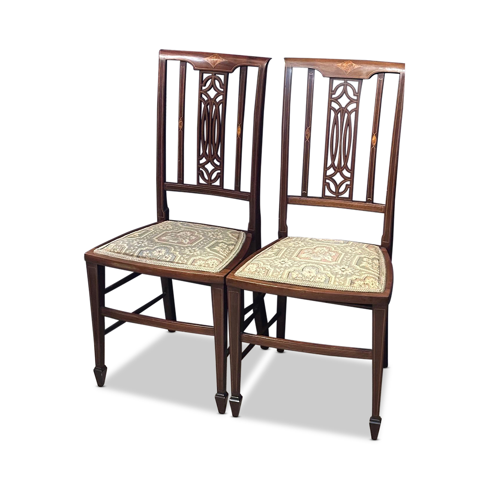 Pr Sheraton style chairs with fine string inlays and beautifully carved backs c.1900
