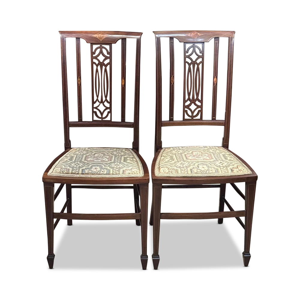 Pr Sheraton style chairs with fine string inlays and beautifully carved backs c.1900