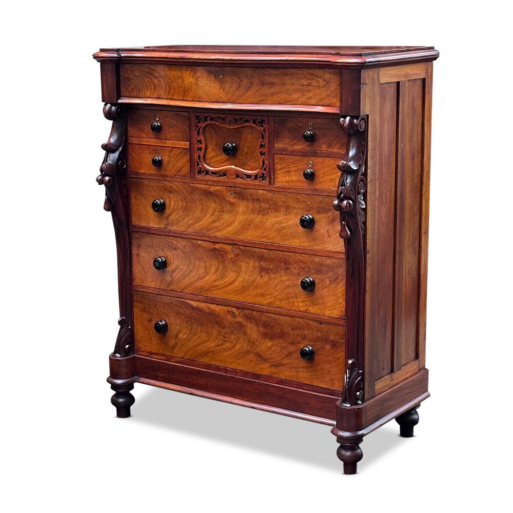 Quality Australian 8 drawer serpentine cedar chest with fretwork and fruit carvings c.1890