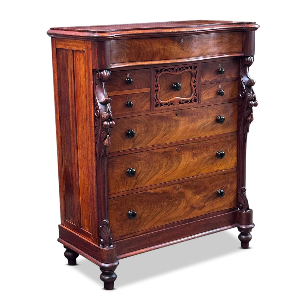 Quality Australian 8 drawer serpentine cedar chest with fretwork and fruit carvings c.1890