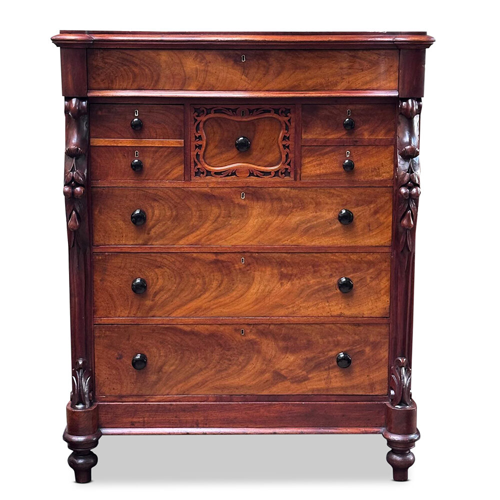 Quality Australian 8 drawer serpentine cedar chest with fretwork and fruit carvings c.1890
