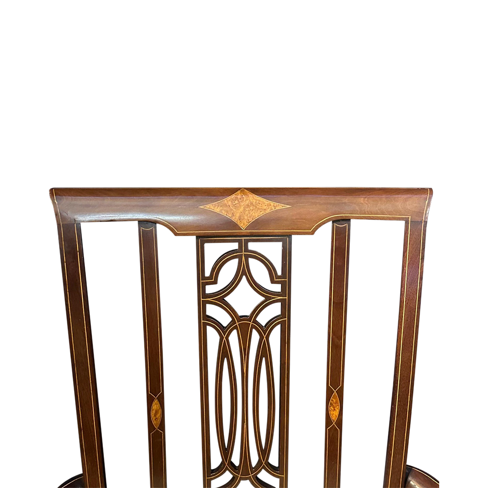 Pr Sheraton style chairs with fine string inlays and beautifully carved backs c.1900