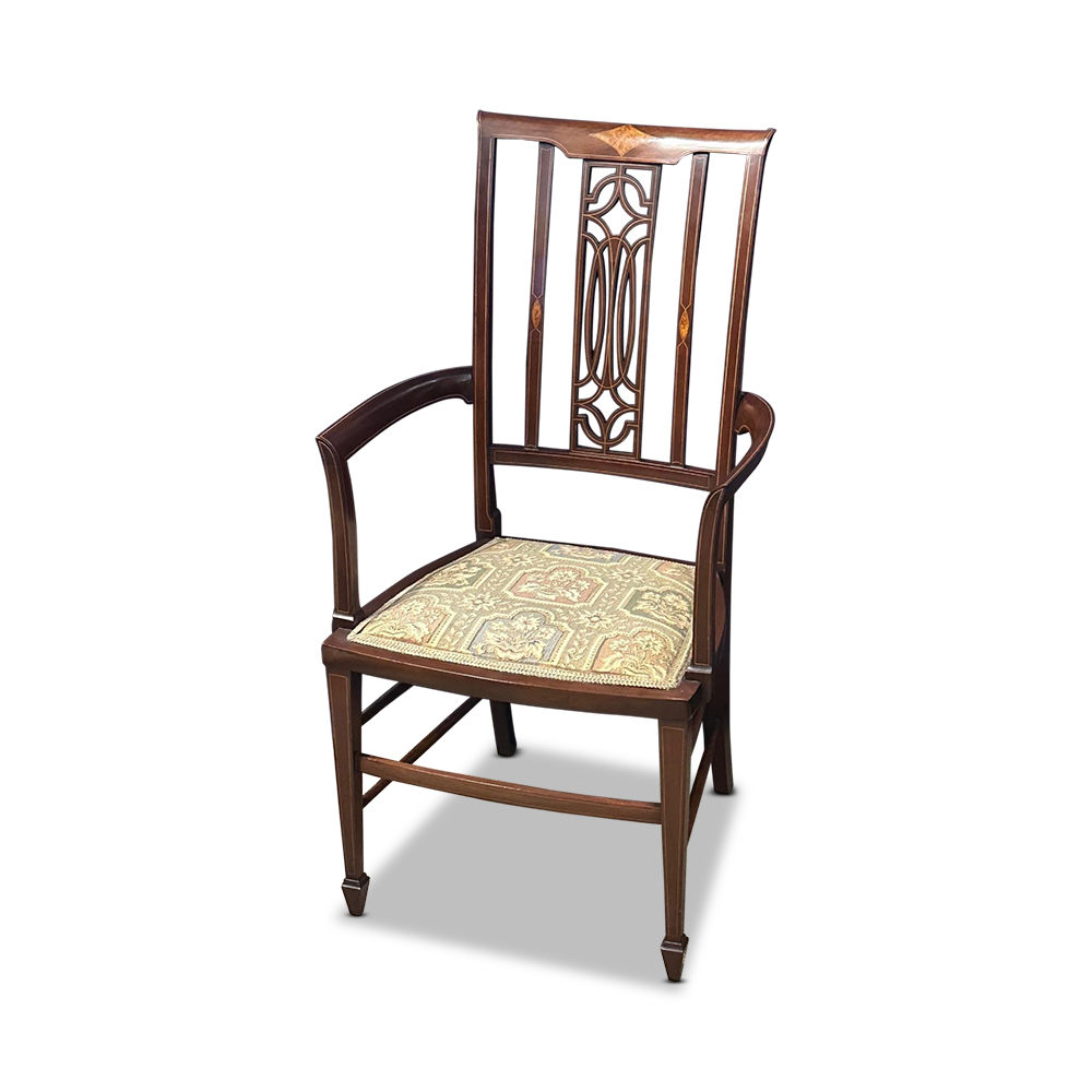 Sheraton style carver chair with fine string inlays and beautifully carved back c.1900
