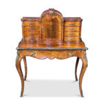 Superb 19th century figured walnut ladies writing desk crossbanded in kingwood with ormolu mounts and pull out leather slide c.1870