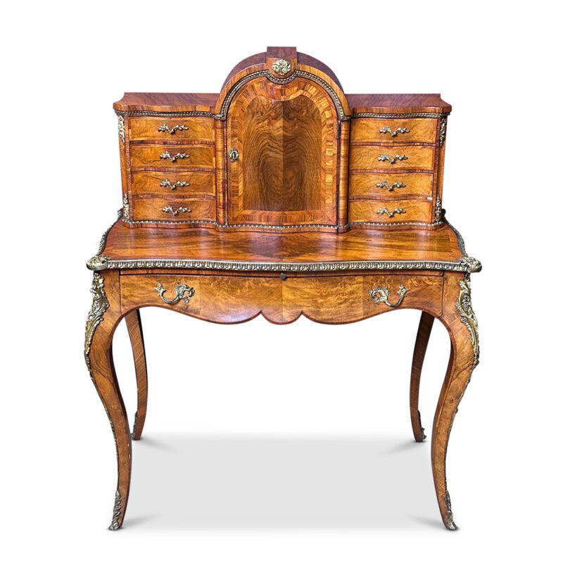 Superb 19th century figured walnut ladies writing desk crossbanded in kingwood with ormolu mounts and pull out leather slide c.1870