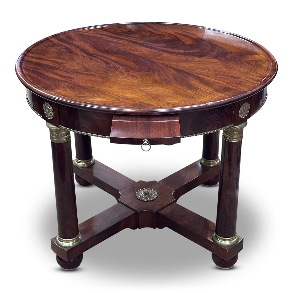 Superb French mahogany Empire style round games centre table with gilt bronze mounts c.1840