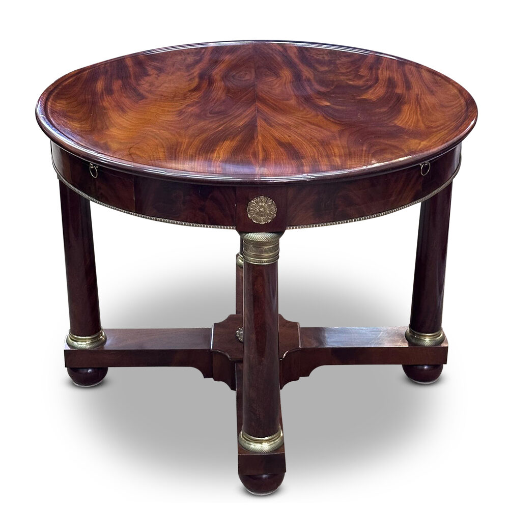 Superb French mahogany Empire style round games centre table with gilt bronze mounts c.1840