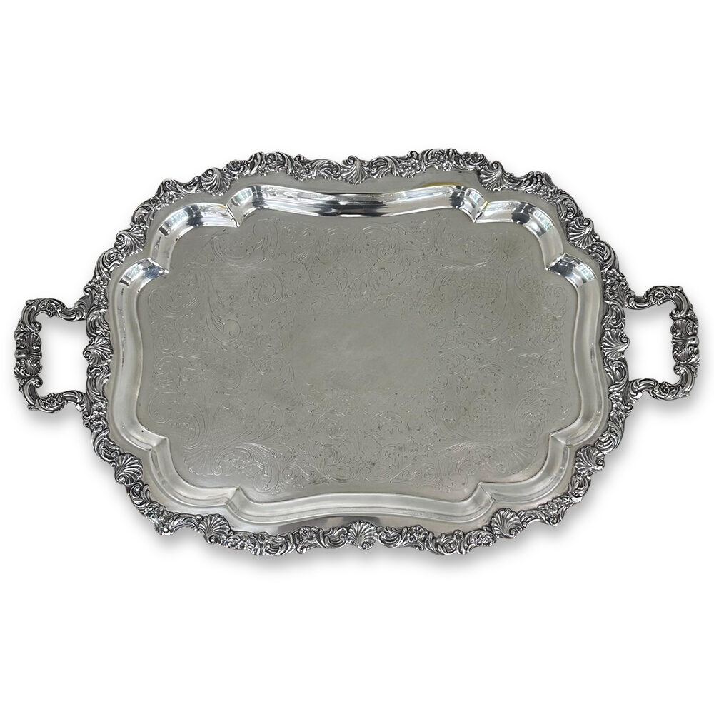 Victorian Loveland Rose silver plate serving tray on 4 feet and twin handles c.1900 Sheffield