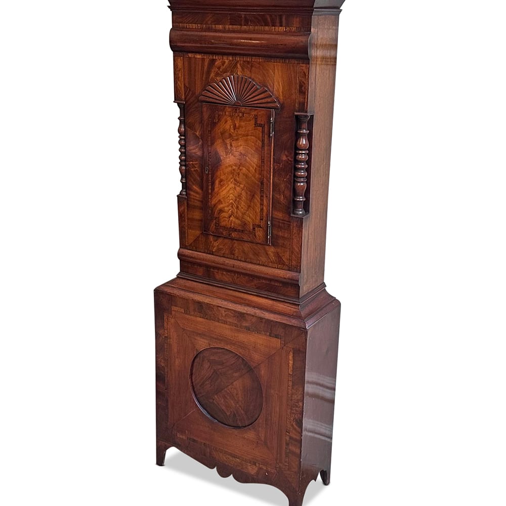 William IV mahogany long case clock with hand painted dial adn 8 day movement and crossbanded cabinetry c.1830