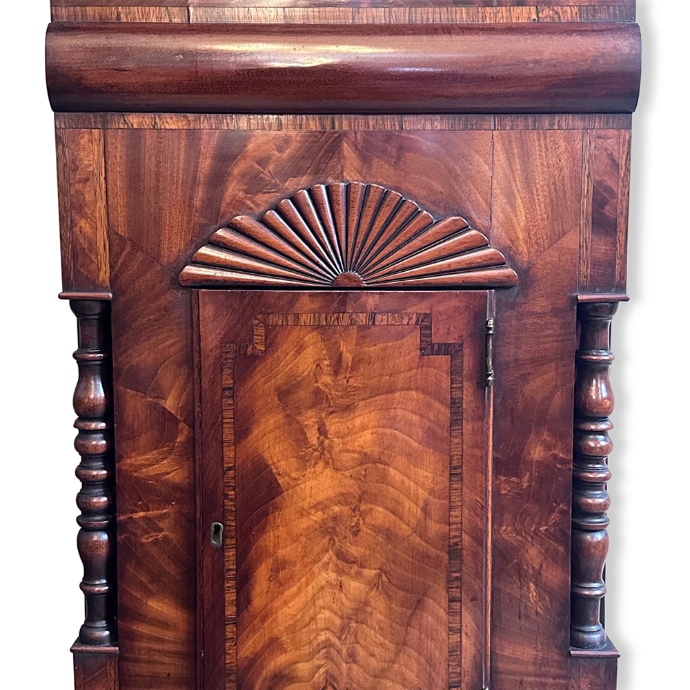 William IV mahogany long case clock with hand painted dial adn 8 day movement and crossbanded cabinetry c.1830