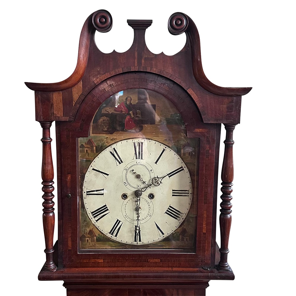 William IV mahogany long case clock with hand painted dial adn 8 day movement and crossbanded cabinetry c.1830