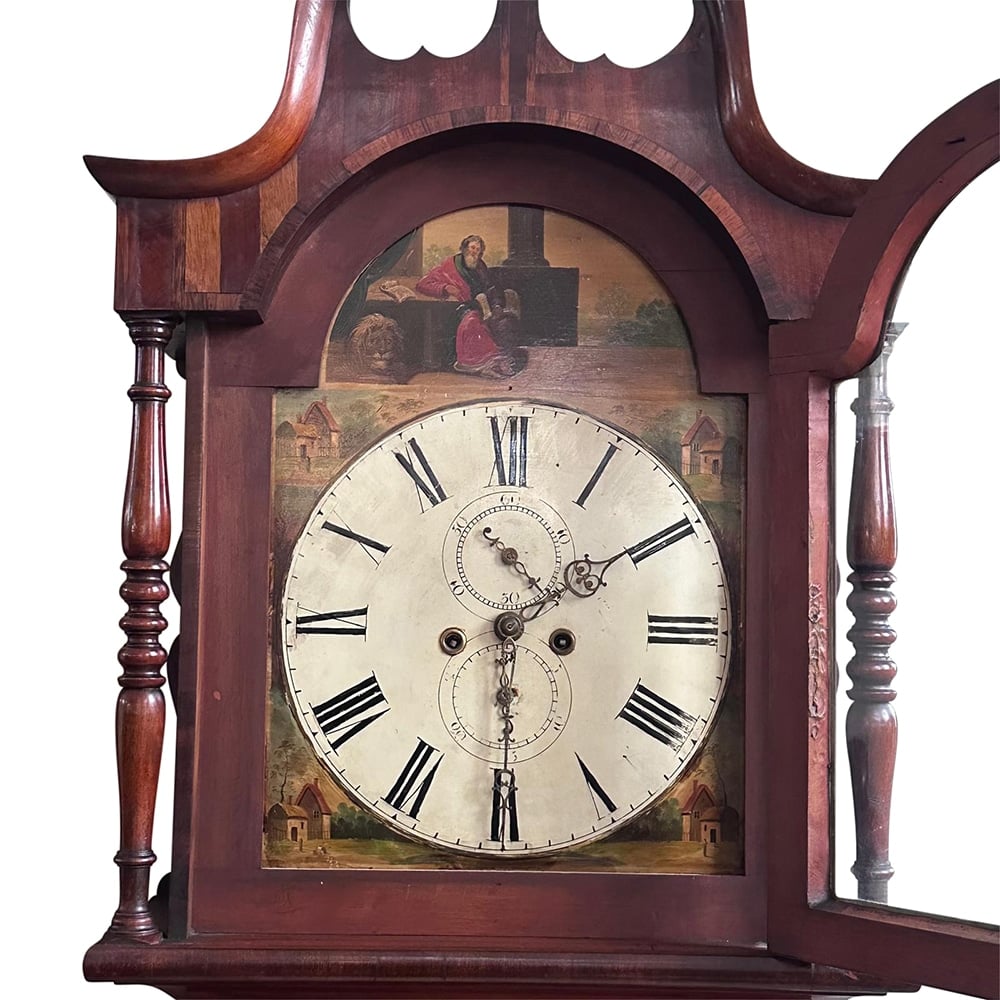 William IV mahogany long case clock with hand painted dial adn 8 day movement and crossbanded cabinetry c.1830