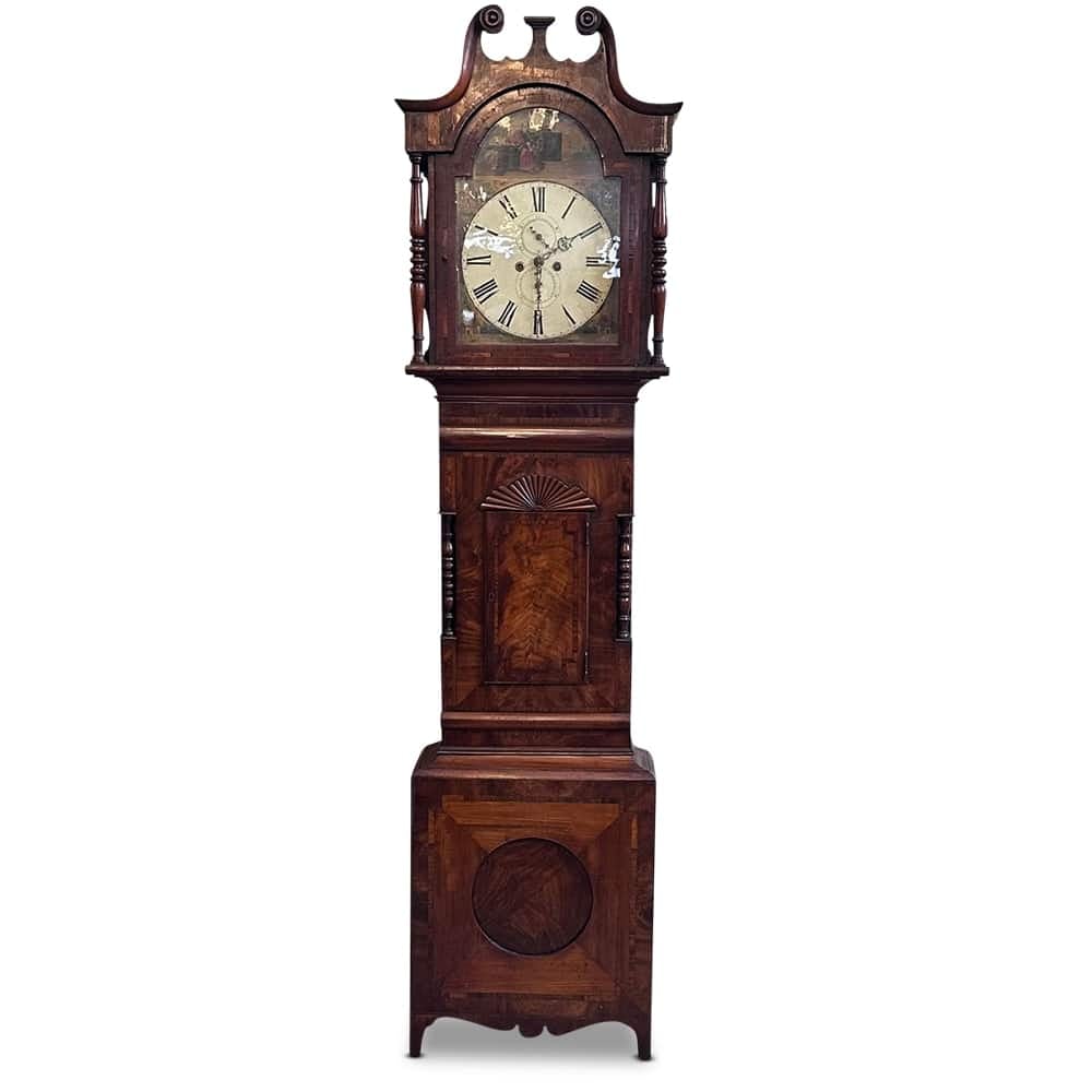 William IV mahogany long case clock with hand painted dial adn 8 day movement and crossbanded cabinetry c.1830